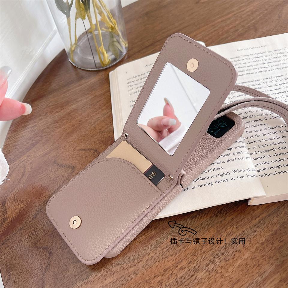 Кожаный чехол для телефона с ремешком через плечо для Samsung Galaxy Z Flip 5 4 3 Flip5 Flip4 Flip3 5G/iphone 15 14 13 12 11 Pro Ring Beauty Mirror