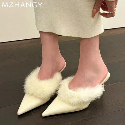 Женские меховые тапочки с острым носком, замшевые туфли на среднем каблуке, женские модные элегантные зимние туфли-лодочки на низком каблуке 2025 года, шлепанцы
