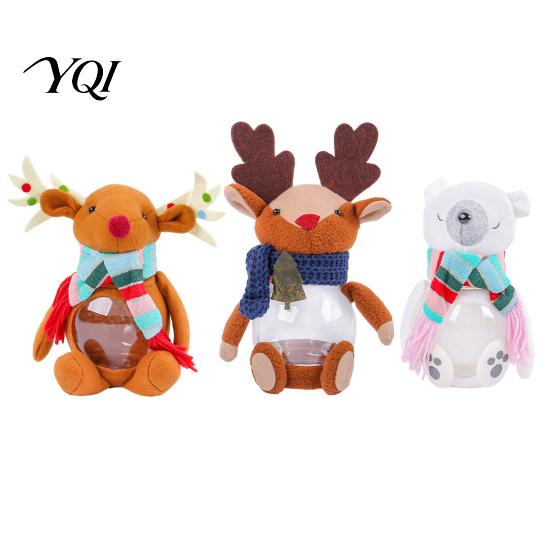 Christmas Window Display Candy Jar, 3D Plush Reindeer Bear Clear Treat Container Tabletop Ornament with Scarf, Holiday Snack Storage Gift Box for Kids
