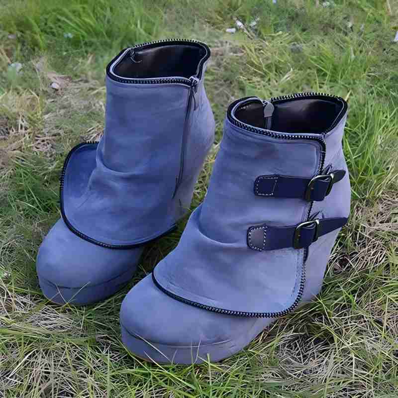 Женские теплые ботильоны на массивном каблуке Модные ретро Botas Mujer Замшевые на танкетке На молнии Однотонные с круглым носком Женские короткие ботинки
