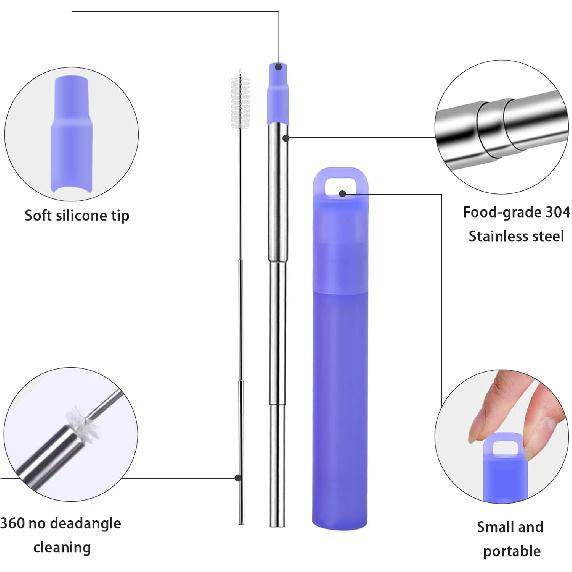 NAIVELY-Reble Metal Straws 3 Pack Collapsible Stainless Steel Straw,travel straw with case and Cleaning Brush,Retractable Portable Pocket