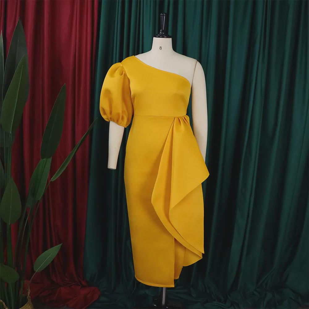 Женское платье в стиле OL, лето 2024 г.: Рукав-фонарик, асимметричное плечо, разрез, европейская и американская мода