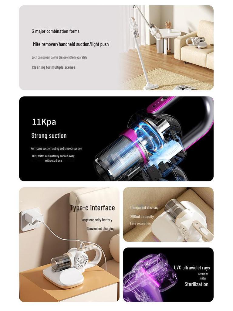 Беспроводной ручной пылесос 3 в 1 с УФ-удалением клещей для дома и автомобиля