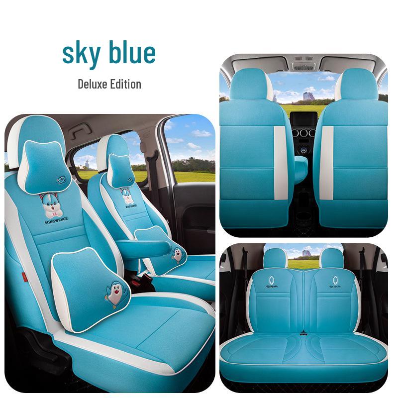 Great Wall ORA Cartoon Full Linen Four Seasons Seat Cushion for Five-Seat Electric Cars.