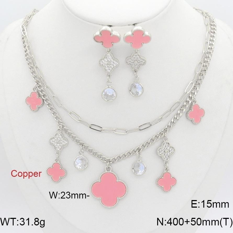 2PCS Fashion Double Necklace Earrings Copper Jewelry Set Stacked Clover Jewelry