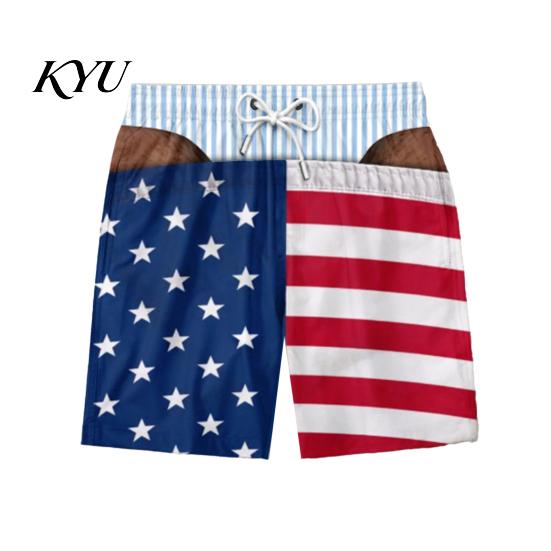 Stretchy Waistband Swimwear Hairy Big Booty Shorts, Men USA Flag Beach Striped Comfortable Casual Summer Trunks Briefs Design, Funny Swim for Vacation