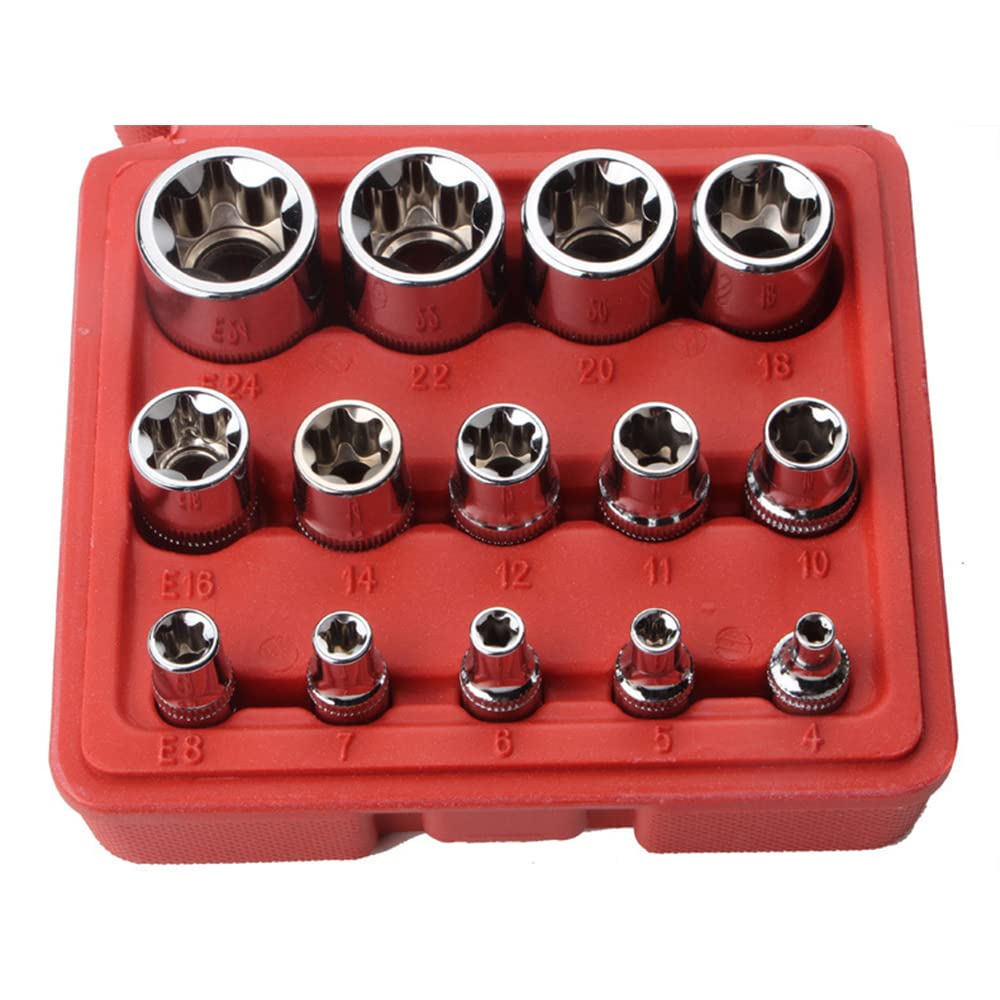Набор из 14 головок E-Torx Star с футляром 1/4, 3/8, 1/2 дюйма. Набор торцевых головок с внешним шлицем E4-E24