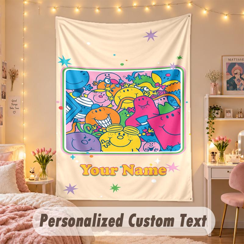 Custom Personalized Tapestry,Mr. Men & Little Miss Print Custom Name Text Wall Art Hanging for Bedroom