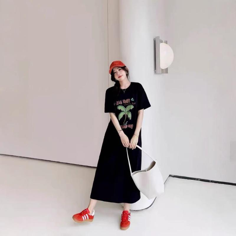 Женское платье-футболка большого размера с принтом, длинное выше колена, летнее повседневное платье с короткими рукавами и ленивым ветром