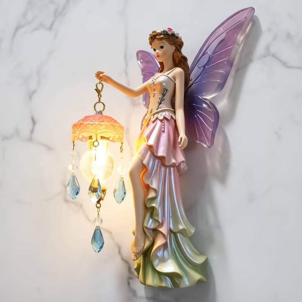 Fairy Wall Lamp Carved Figurine with Lantern Subdued Lighting Decor for