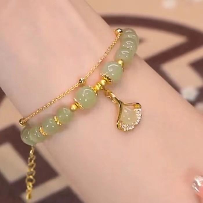 Pastoral Style Exquisite Womens Electroplated Glass Bead Leaf Bracelet