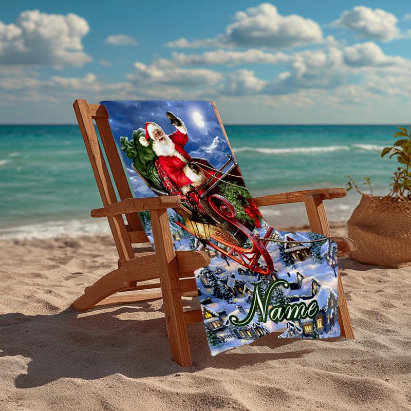 Custom Name Ultra-Soft Beach Towel with Christmas Santa Claus Theme,Ideal for Pool - Camping, Diving - Perfect Travel Essential, Vibrant Beach Towel.