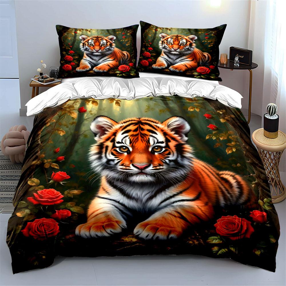 Tiger with Red Roses Forest Bedding Duvet Cover Set (1*Duvet Cover 2*Pillowcases, without duvet insert)