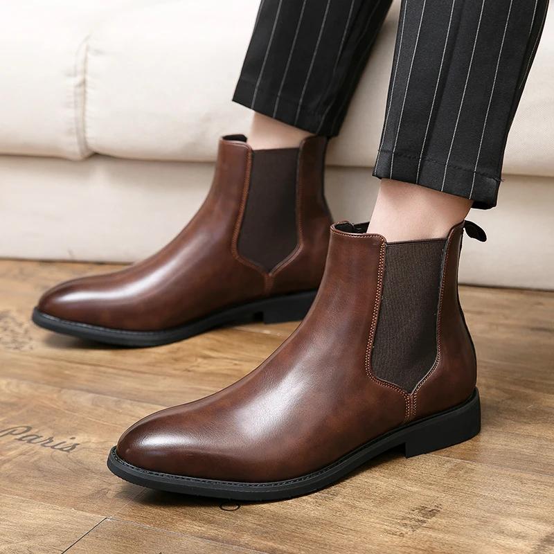 2024 New Chelsea Boots Men Shoes PU Brown Fashion Versatile Business Casual British Style Street Party Wear Classic Ankle Boots