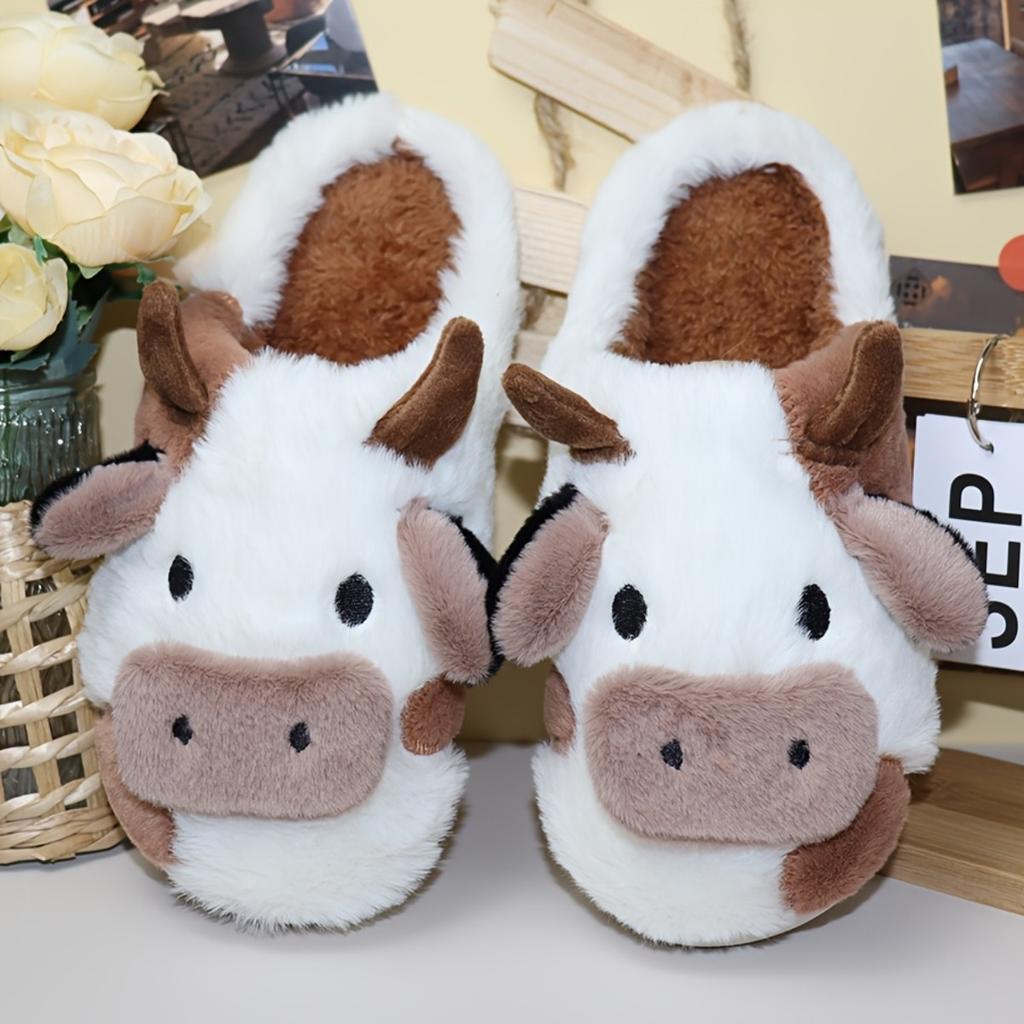 Cute Cow Slippers, Women's and Men's Plush Slippers, Winter Plush Thick Soled Slippers, Indoor Kawaii Shoes, Cartoon Style, Fabric Upper and Insole