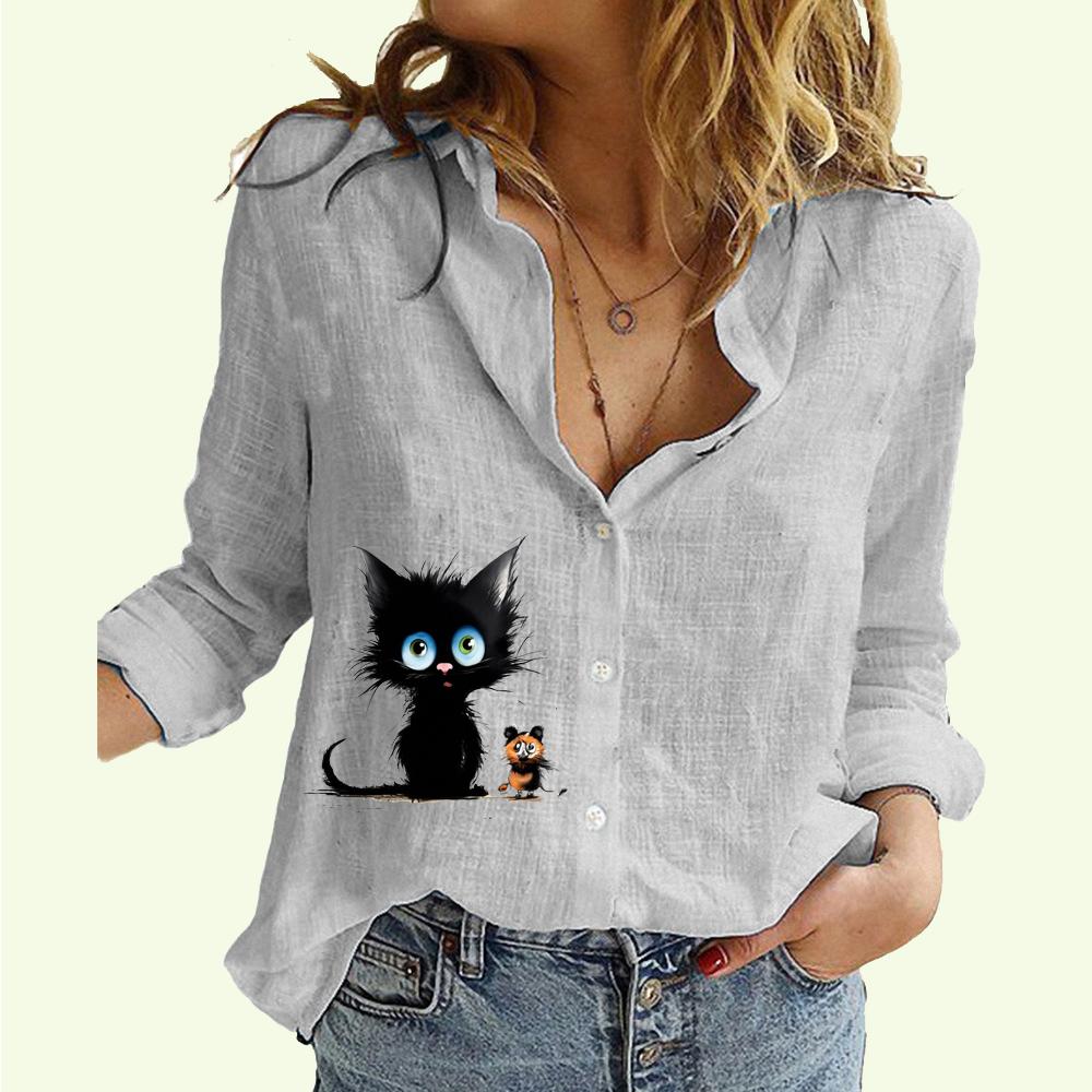 Женская модная рубашка с лацканами на пуговицах, весна-лето, тонкий хлопковый льняной топ, повседневная блузка с принтом кота
