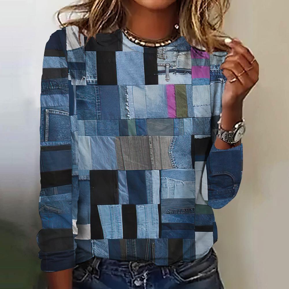 Футболки с длинными рукавами и принтом Fake Cowboys Splicing Print 2024 года, модные женские футболки, топы, осенний тренд, хлопковая женская одежда, пуловер