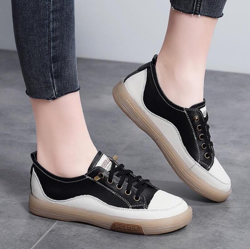 Модные осенние женские туфли из натуральной кожи белого цвета, летние кроссовки на плоской подошве, женские кроссовки из вулканизированной кожи черного и белого цвета, повседневные кроссовки 35-40