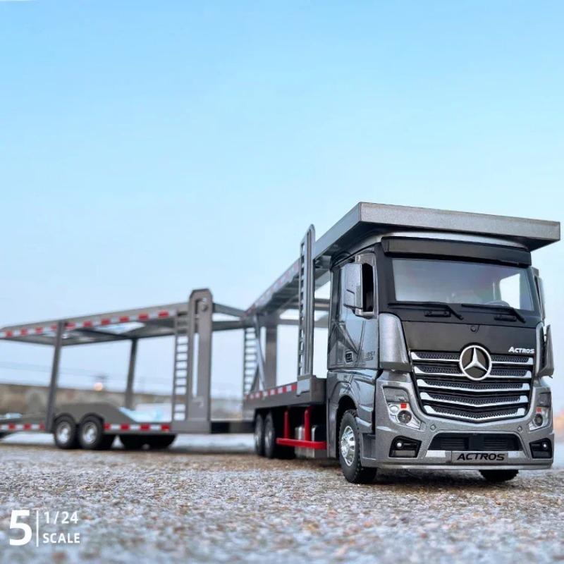 1/24 Mercedes Benz Double Decker Flatbed Transport Vehicle Alloy Diecast Metal Car Model Sound and Light Science Education Series