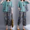 Women's Summer Printed Loose Set Plus Size Round Neck T-shirt + Nine Points Pants Two Piece Set