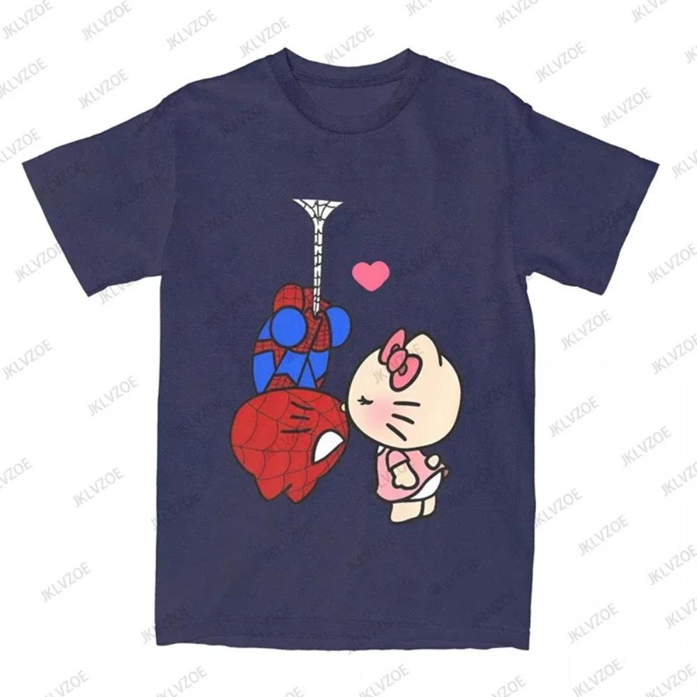 Летняя мультяшная хлопковая футболка с принтом Hello Kitty и Человека-паука для женщин и мужчин, с коротким рукавом и круглым вырезом, повседневная модная футболка в стиле харадзюку Y2K