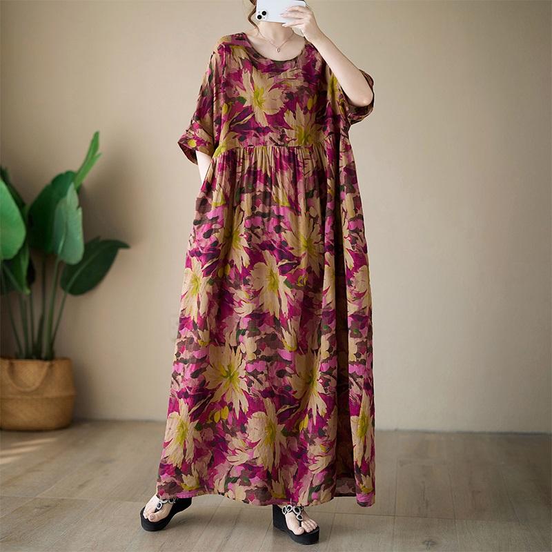 Short Sleeve Plus Size Cotton Vintage Floral New In Dresses for Women Casual Loose Long Summer Dress