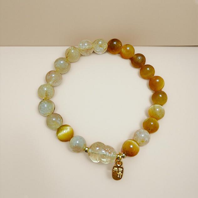 Women's Natural Golden Tiger Eye & Rutilated Quartz Crystal Bracelet - Elegant Wealth Stone Gift
