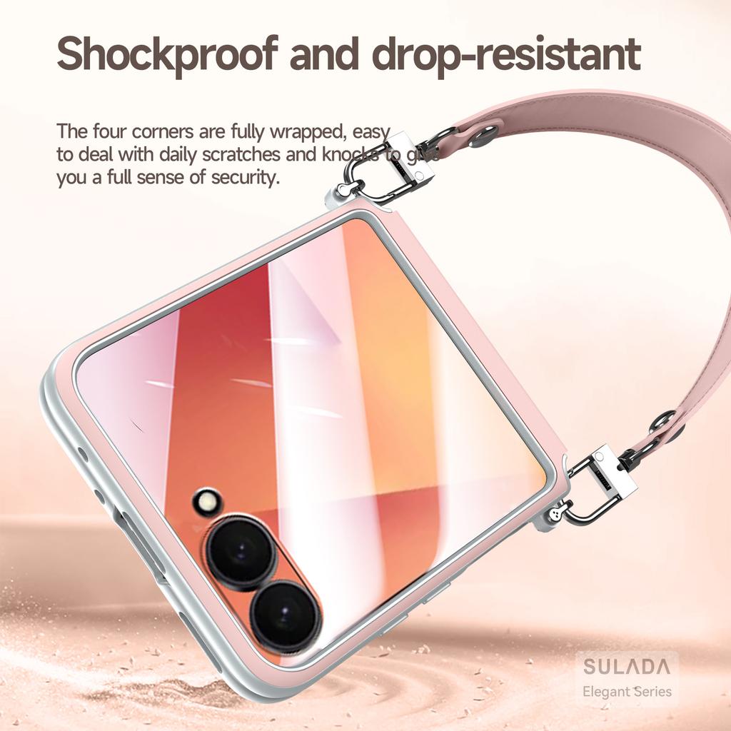 SULADA Чехол для Samsung Galaxy Z Flip7 5G с ремешком Кожаная задняя крышка телефона Защита шарнира