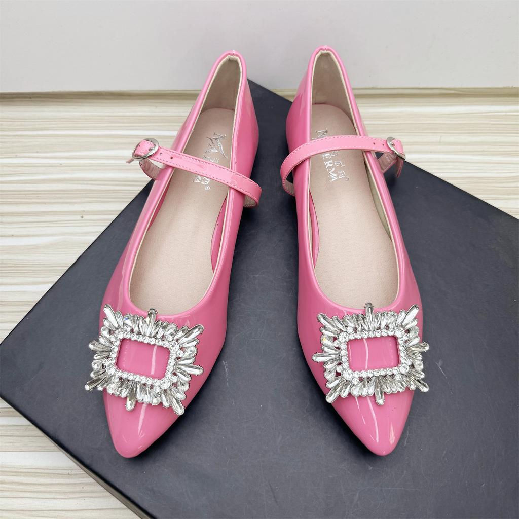 Fashion Flat Shoes for Women 2025 Spring Autumn Mary Jane Shoes Women Pointed Toe Rhinestone Square Buckle Patent Leather Plus Size Shoe