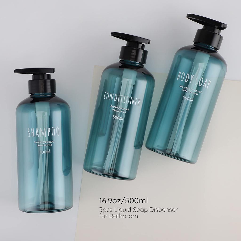 Segbeauty Shampoo Bottle Dispenser, Light Blue, Set of 3, 500ml, Large Capacity, Black, Round, Leak-Proof, Refillable, Stylish, for Bathroom, Washroom