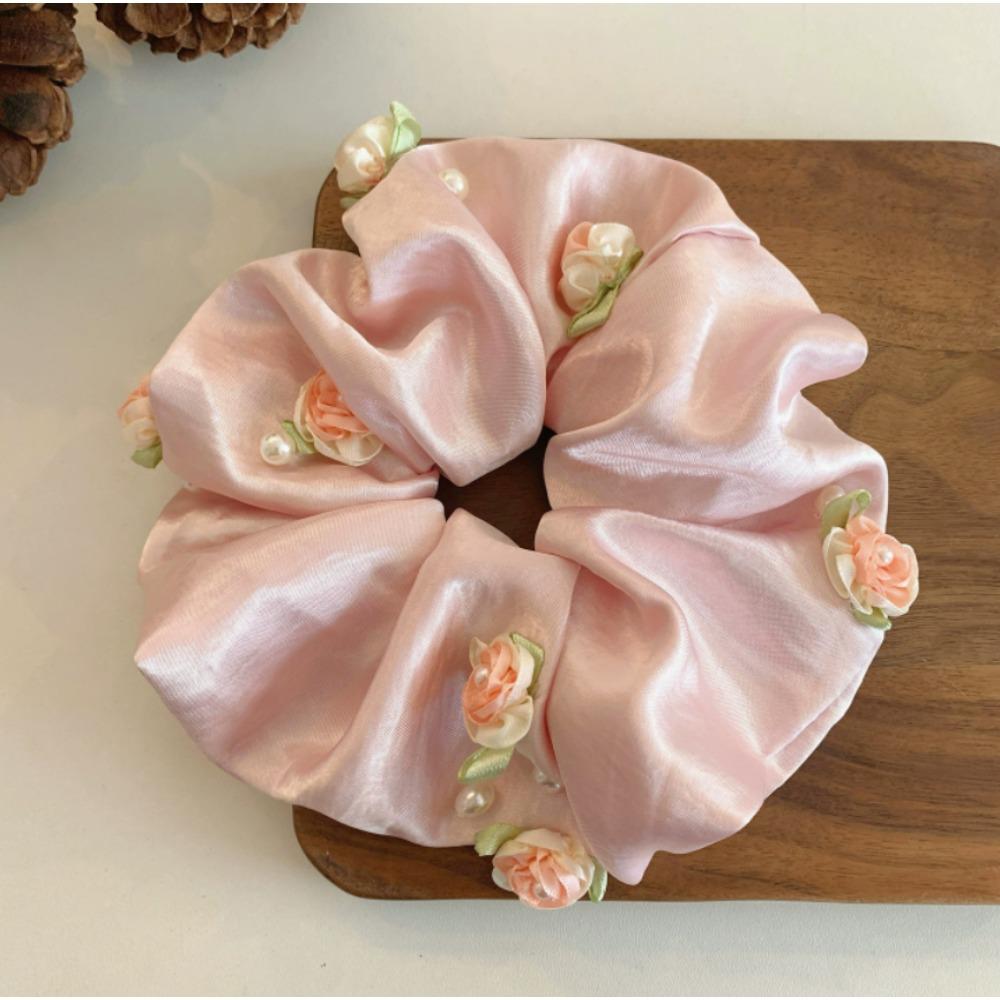 1Pc French Sweet Flower Large Intestine Scrunchie High-End, Korean Satin Rose Hair Rope Low Ponytail Rope Headdress