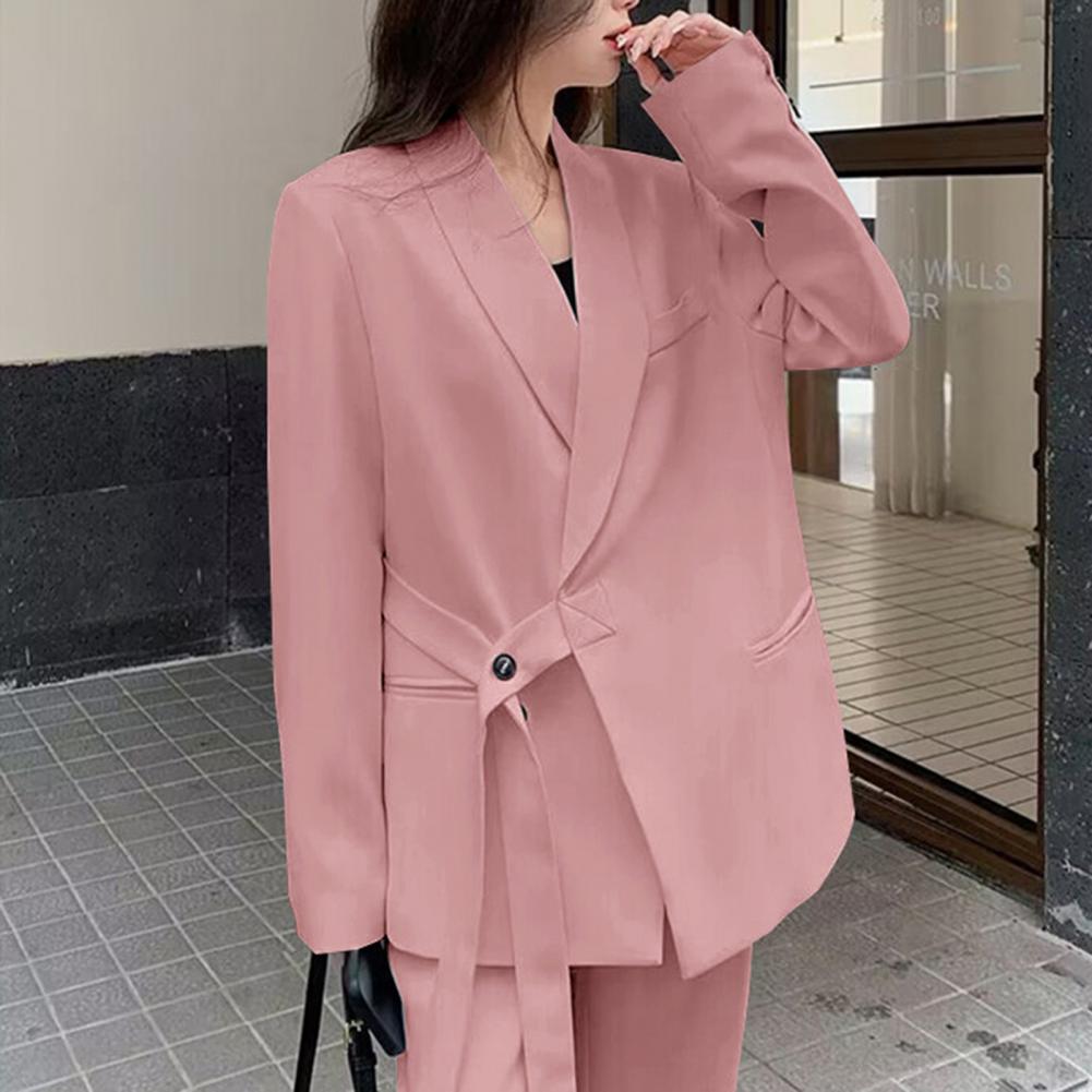 2 Pcs/Set Lady Formal Coat Pants Set Long Sleeves Button Strap Closure V Neck Cardigan Mid Length Jacket Straight High Waist Tro
