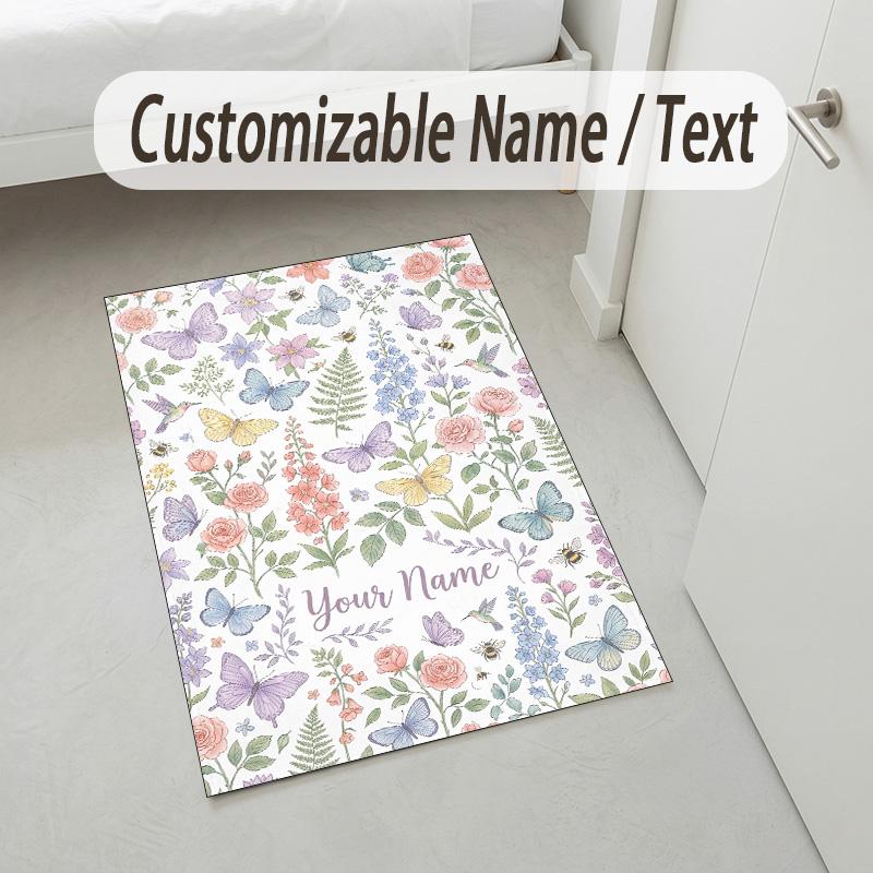 Floral Brain Cosmic Theme Soft Crystal Velvet Rug Custom Name & Text Print Non Slip Floor Rug for Bedroom Living Room
