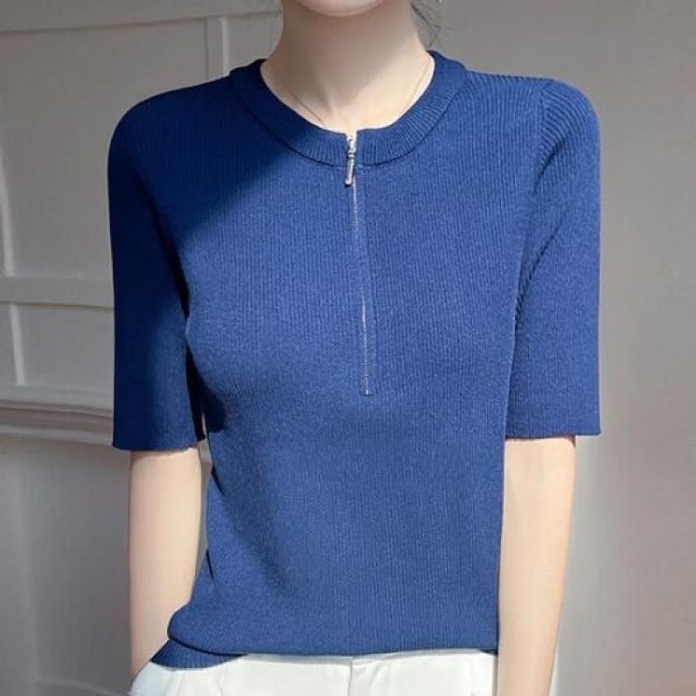 Navava Zip Up Round Neck Short Sleeve Knit Tee Nk2953