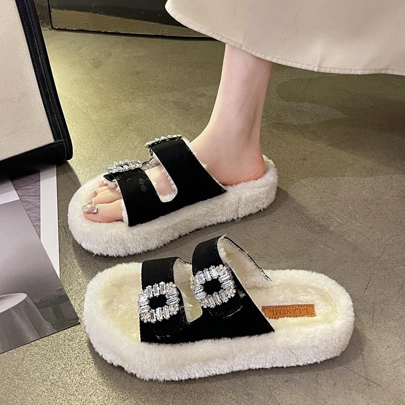 Модные пушистые тапочки для женщин, роскошные плюшевые шлепанцы с ромбовидным дизайном, женские модные домашние пушистые тапочки с открытым носком, сохраняющие тепло хлопковые туфли