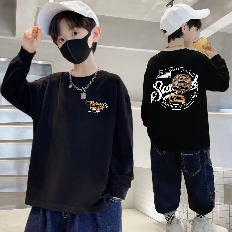 Мальчиковая футболка с длинным рукавом из 100% хлопка с круглым вырезом - Осенняя повседневная спортивная одежда