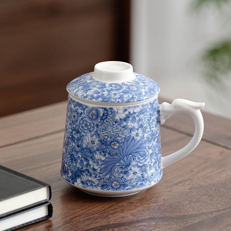 Golden Silk Bamboo Rhyme White Porcelain Office Cup with Jade Dragon Handle