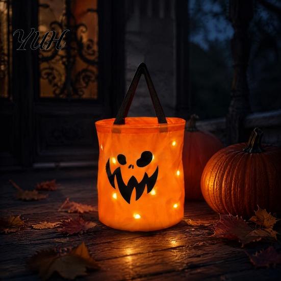 Illuminated Halloween Candy Basket Glowing Pumpkin Bag with LED Lights, Reusable Treat Spooky Tote Lights for Kids, Trick or Handbag Party Favors