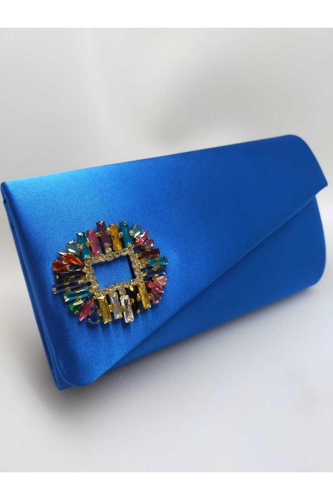 Women's Stylish and Useful Evening Dress Bag Shiny Saks Blue Satin Colored Stone Evening Bag