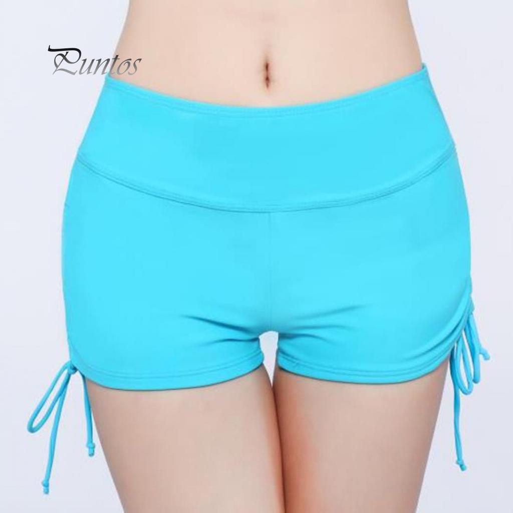 Global Selling Women Solid Color Bikini Bottom Side Pleated Bandage Swim Shorts