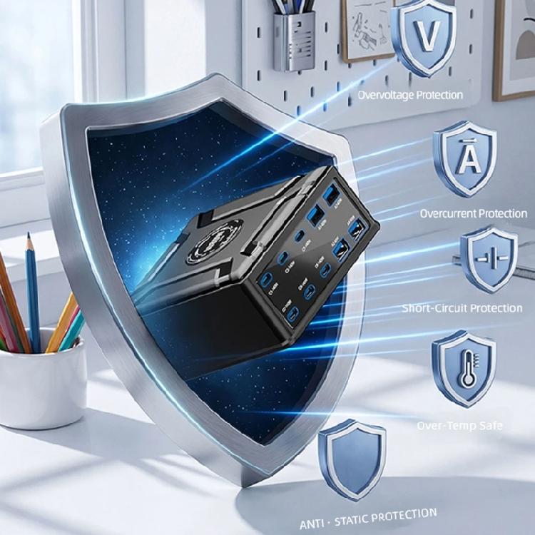 Настольная зарядная станция с британской вилкой и 10 USB-портами на передней панели с автоматическим распределением мощности для ноутбуков, планшетов, телефонов и студийного оборудования