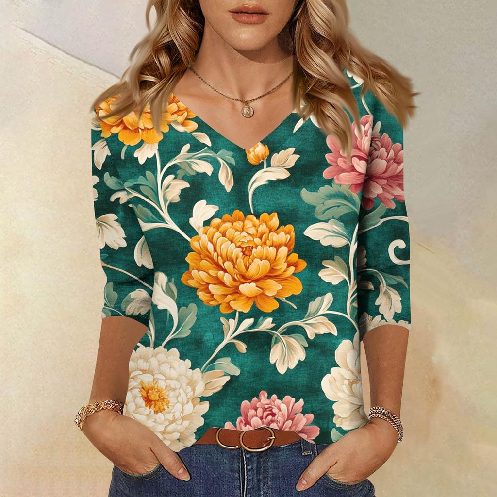 Женские топы, рубашка с рукавом три четверти, свободная повседневная рубашка с V-образным вырезом, футболка с цветочным принтом