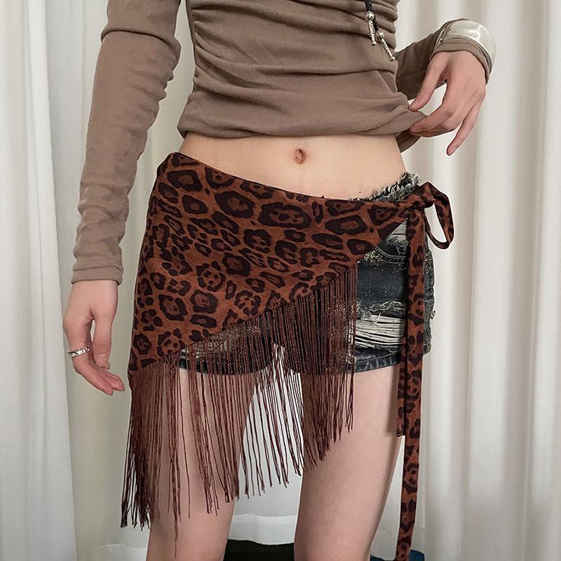 Y2k Leopard Print Tassel Gstring Panty With Wide Waist Belt For Summer Fashion