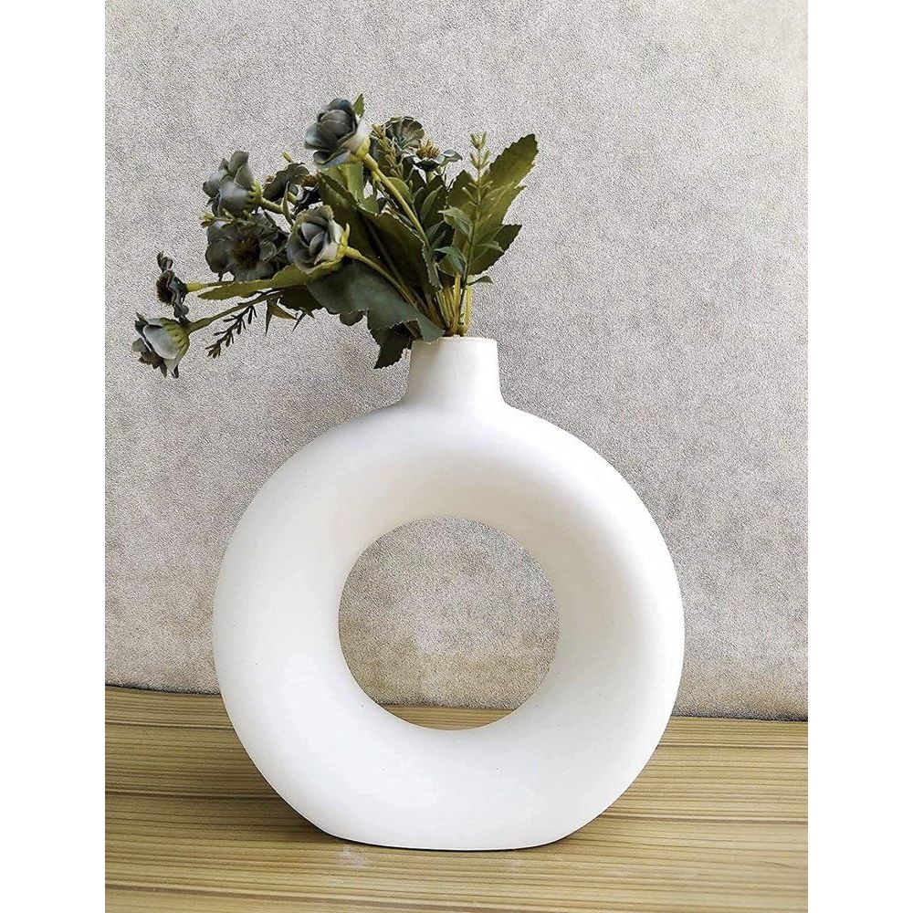 New Ceramic Donut Vase, Pampas Grass Flower Vase, Home Decor Centrepiece for Office or Gifts - (White, 6 Inch)