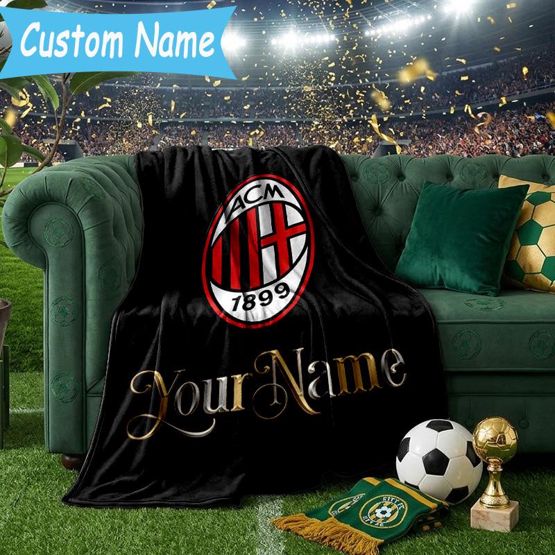 Custom Name Ac Milan Logo Design Flannel Blanket, Use for Birthday/Holiday Gift, Soft Blanket for Sofa/Bed/Camping/Office, Home Decor