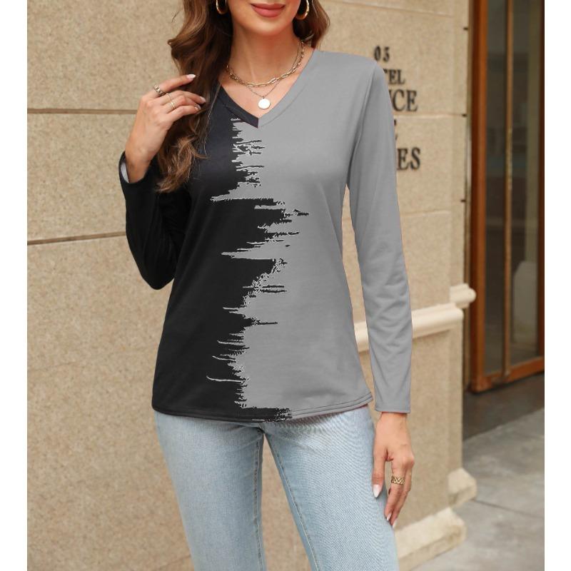 Весенне-осенняя женская блузка с v-образным вырезом и принтом, топ с длинными рукавами