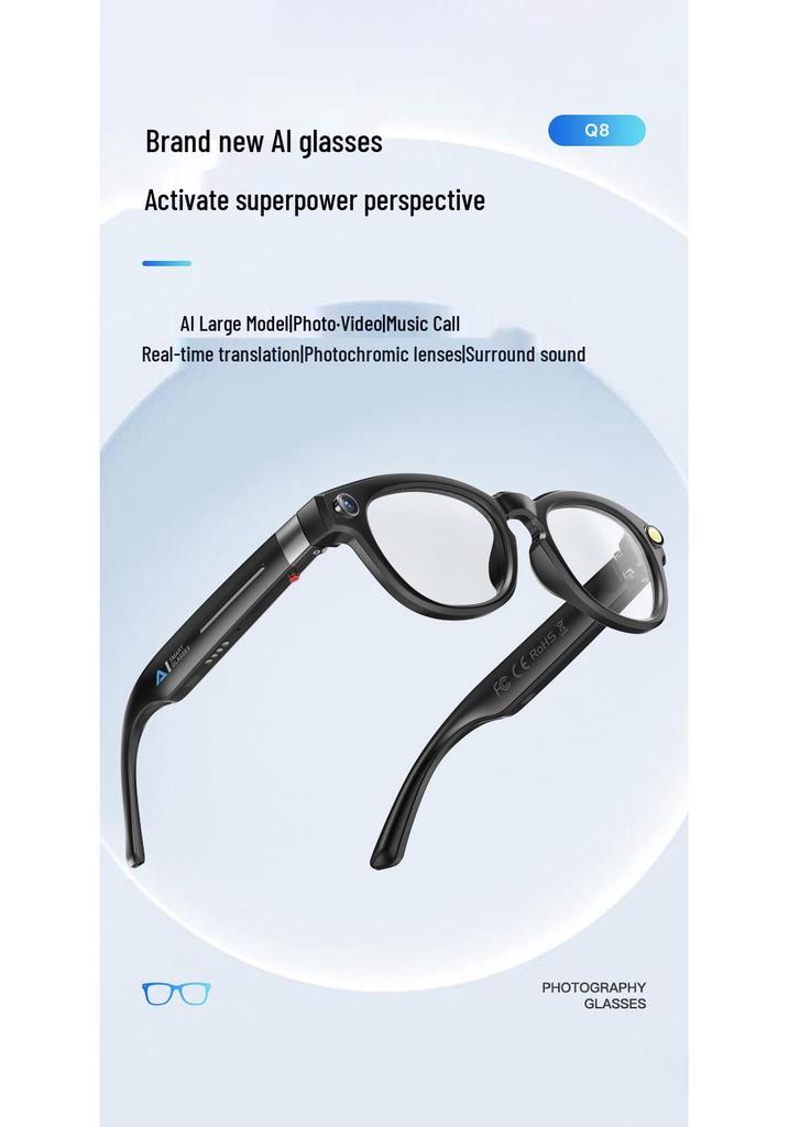 Q8 Smart Glasses: Bluetooth Music, Calls, Photo/Video Recording & AI Real-time Dialogue