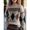 Tooxika 2024 Autumn And Winter New Round Neck Retro Diamond Knit Sweater Top Contrast Color Jacquard Pullover Sweater For Women