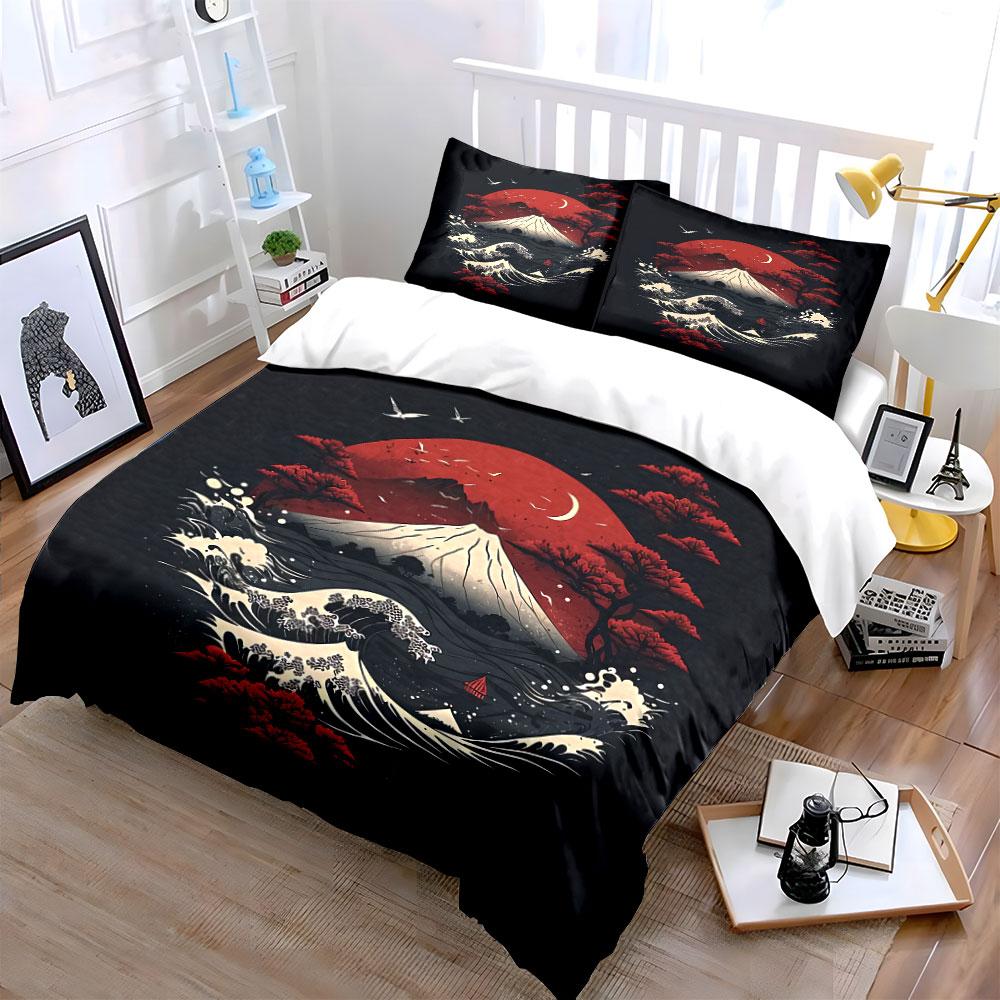 Red Sun and Waves Art Print Bedding Duvet Cover Set Duvet Cover Pillowcases (1*Duvet Cover 2*Pillowcases, without duvet insert)