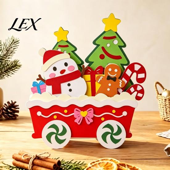 Natural Wood Crafts Christmas Wooden Cart Tabletop Decorations, Xmas Figurine Ornament with Snowman Table Decorations Elk Penguin, Festive Centerpiece